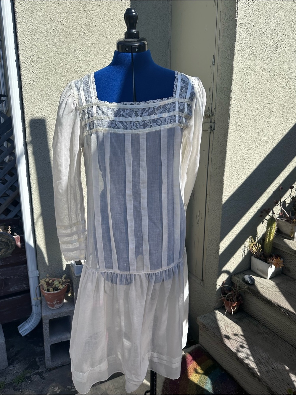 Gunne Sax Sheer Cream White Lace Paneled Long Sleeve Dress